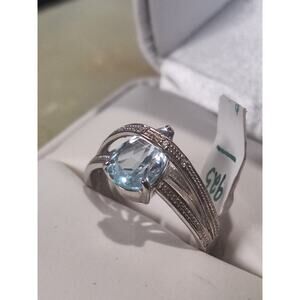 925 Sterling Silver Natural Blue Topaz Ring Oval Light Blue CZ Sz 6.5 - NIB